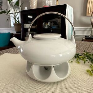 Arzberg Germany TUNIS Minimalist Teapot‎ White  w/ Candle Warmer Vintage 3pc set